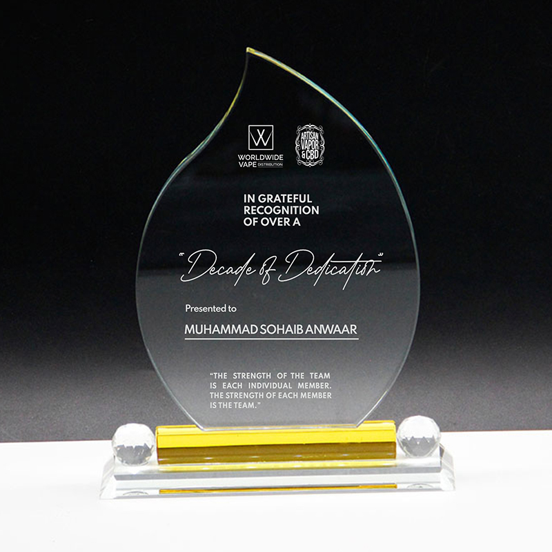 Lvshen Glass Award with Yellow Highlights&Double Base Custom Recognition Trophy